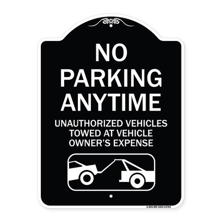 SIGNMISSION No Parking Anytime Unauthorized Vehicles Towed at Vehicle Owners Expense With Car, BW-1824-23764 A-DES-BW-1824-23764